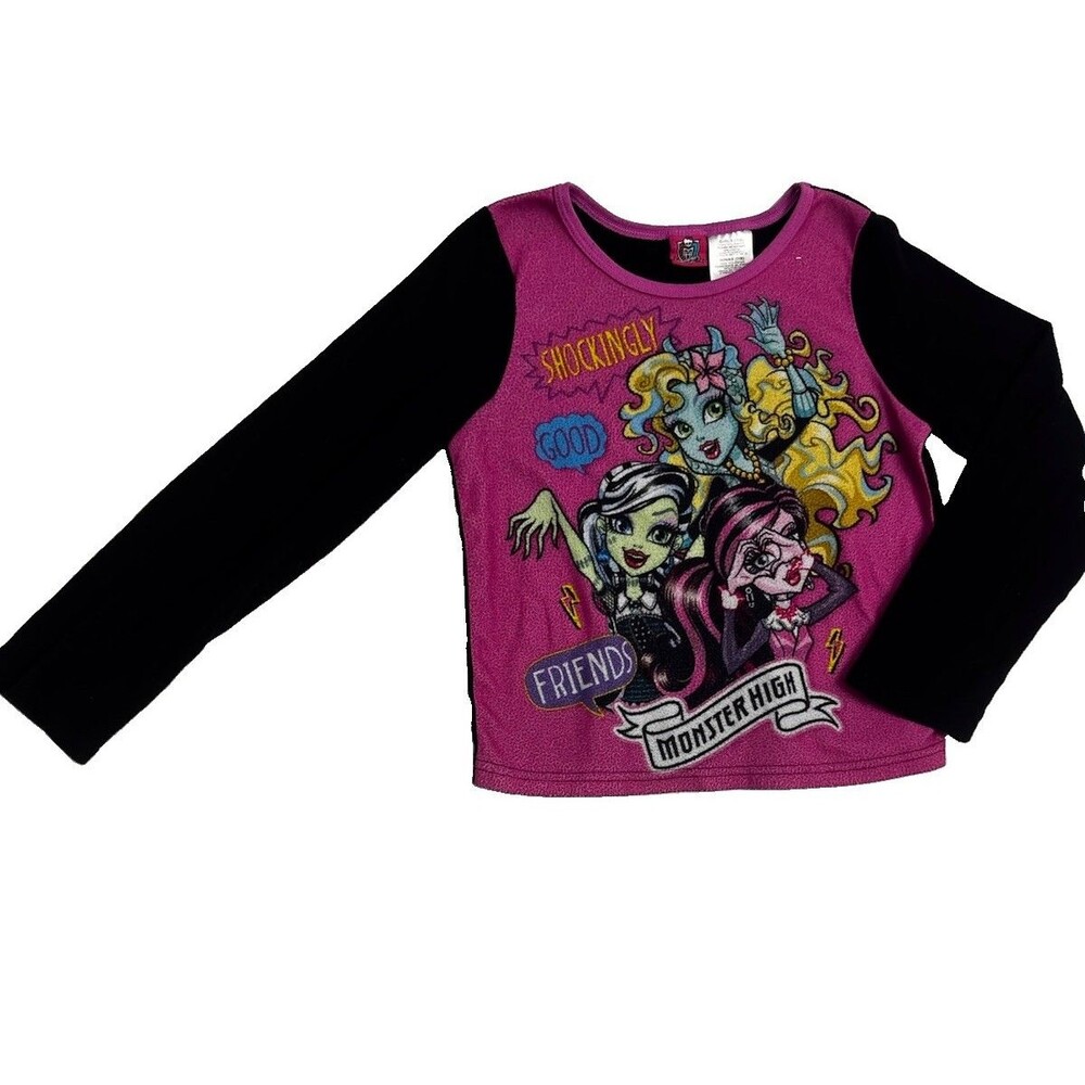 Monster High Girls 7/8 Long Sleeve Pajama Top Pink Black Fleece Sleep Shirt
